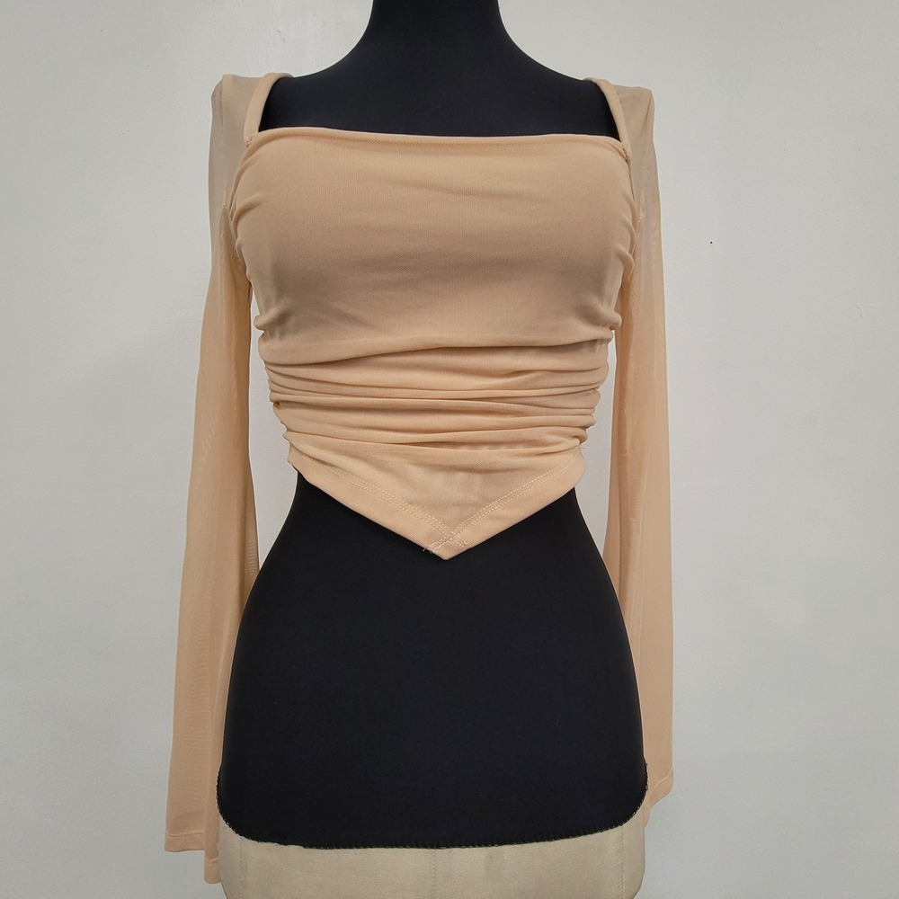 Nude Mesh Top Size XS‎ Coquette Flare Sleeve Sheer Basque Sqaure Neck Ethereal